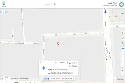 تصویر سایت نقشه تهران که شماره شناسایی ملک و شماره پلاک در آن نمایش داده شده