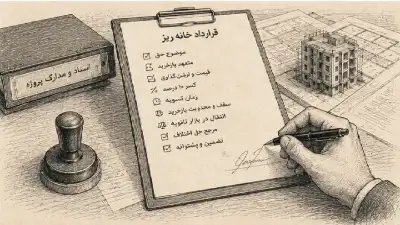 تصویر بررسی تعهد بازخرید خانه‌ریز شامل قرارداد، چک‌لیست حقوقی، اسناد پروژه، مهر و ماکت ساختمان