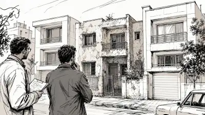 خریدار و کارشناس در حال مقایسه وضعیت یک ملک فرسوده با ساختمان‌های مشابه اطراف