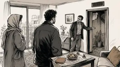 خریداران هنگام بازدید ملک و فروشنده در کنار بخشی از ساختمان با آسیب پنهان‌شده