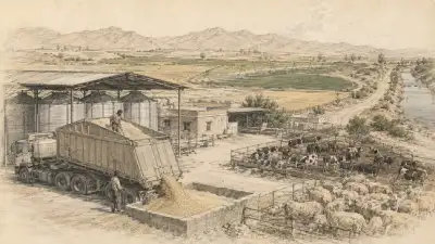 تخلیه غله از کامیون در دامداری کنار آغل‌ها، مزارع آبی و کانال آب