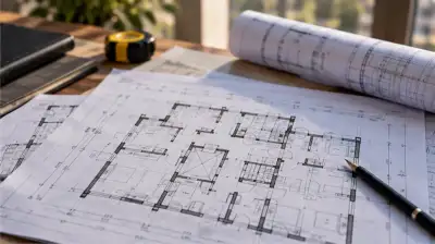 پلان معماری واحدهای یک ساختمان مسکونی روی میز همراه با ابزار ترسیم و اندازهگیری