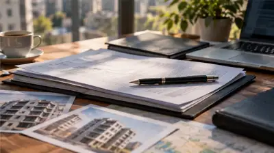 مجموعه مدارک و نقشههای ساختمانی روی میز کار در کنار لپتاپ و تصاویر پروژه مسکونی