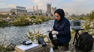کارشناس دادگستری محیط زیست در حال تست آلودگی اب