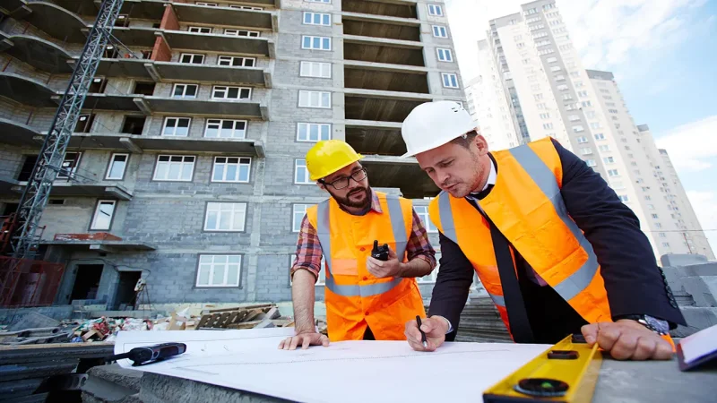 دو مهندس در حل بررسی یک پروژه ساختمانی