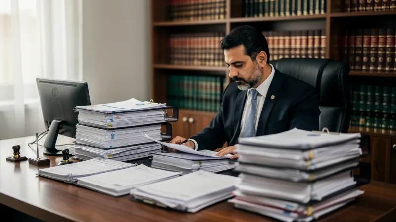 کارشناس رسمی دادگستری امور ثبتی در حال بررسی اسناد و مدارک