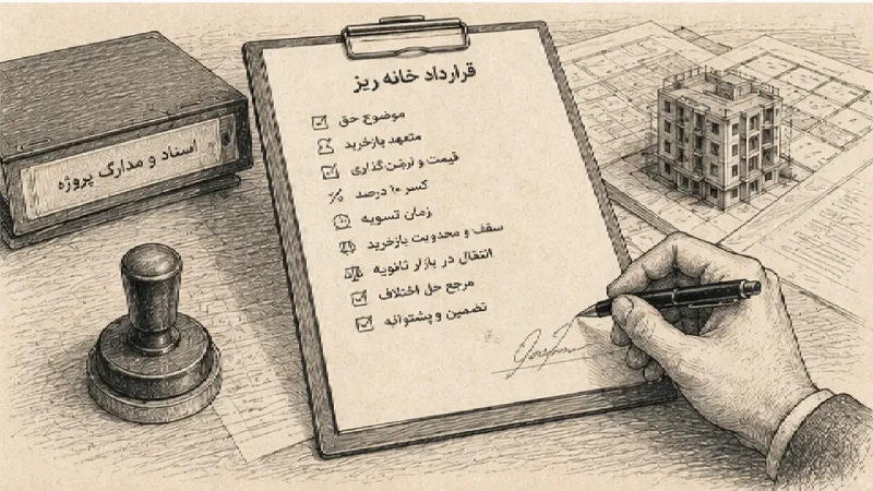 تصویر بررسی تعهد بازخرید خانهریز شامل قرارداد، چکلیست حقوقی، اسناد پروژه، مهر و ماکت ساختمان