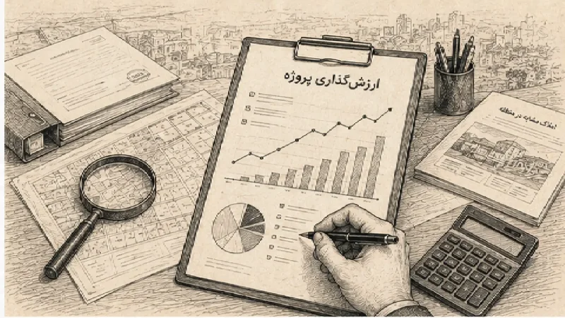 تصویر تحلیلی ارزشگذاری پروژه خانهریز شامل اسناد ملکی، نقشه شهری، ماشینحساب، نمودار رشد قیمت و نمای ساختمان در حال ساخت