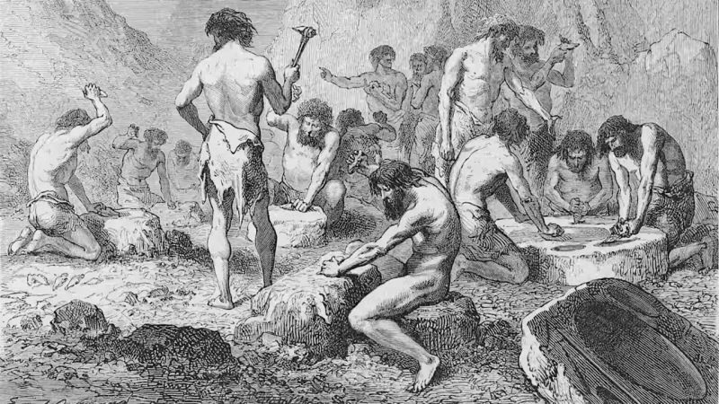 گروهی از غارنشینان که بر روی زمین کار می‌کنند.