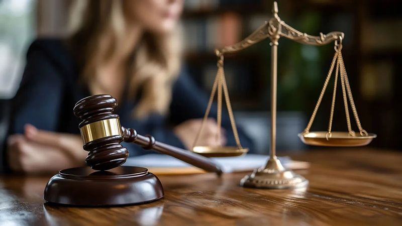 تصویر یک وکیل پشت میز که مجسمه و چکش عدالت روی میز است