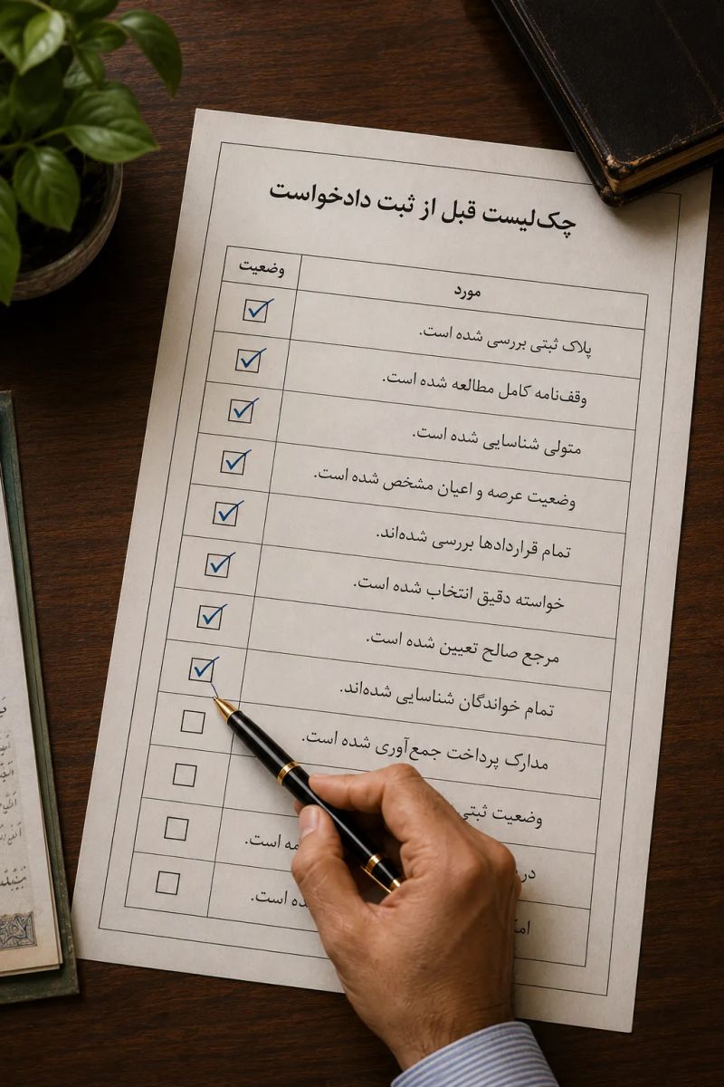تیک زدن چک‌لیست قبل از ثبت دادخواست دعاوی املاک وقفی روی میز کار حقوقی