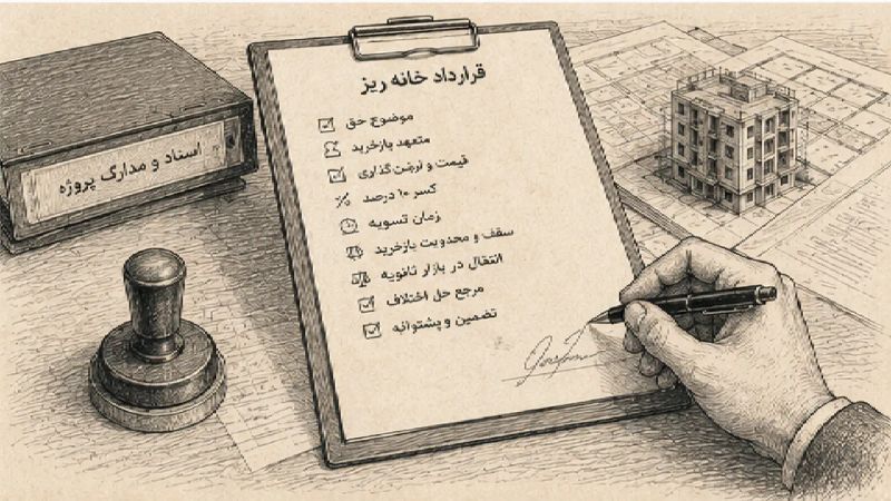 تصویر بررسی تعهد بازخرید خانه‌ریز شامل قرارداد، چک‌لیست حقوقی، اسناد پروژه، مهر و ماکت ساختمان