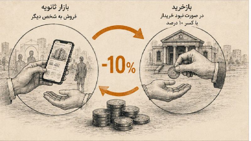 تصویر مفهومی نقدشوندگی خانه‌ریز با نمایش خریداران، بازار ثانویه، گوشی تلفن همراه، ساختمان و مسیر بازخرید با کسر ۱۰ درصد