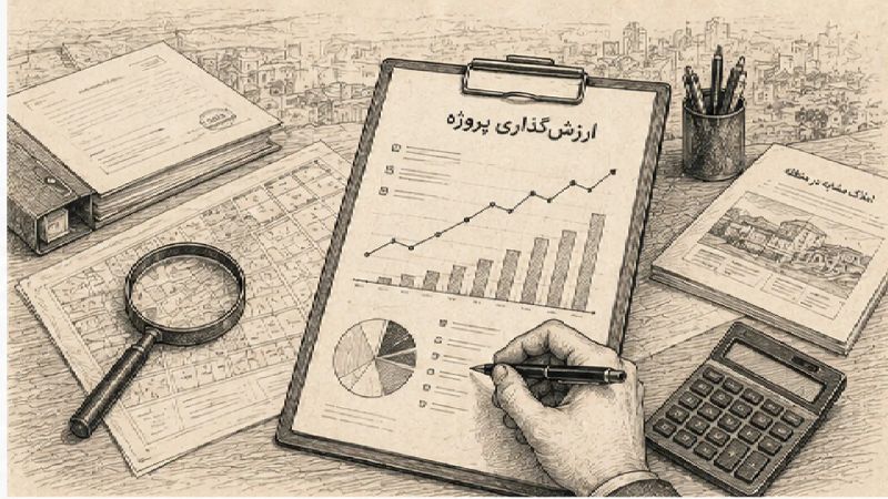 تصویر تحلیلی ارزش‌گذاری پروژه خانه‌ریز شامل اسناد ملکی، نقشه شهری، ماشین‌حساب، نمودار رشد قیمت و نمای ساختمان در حال ساخت