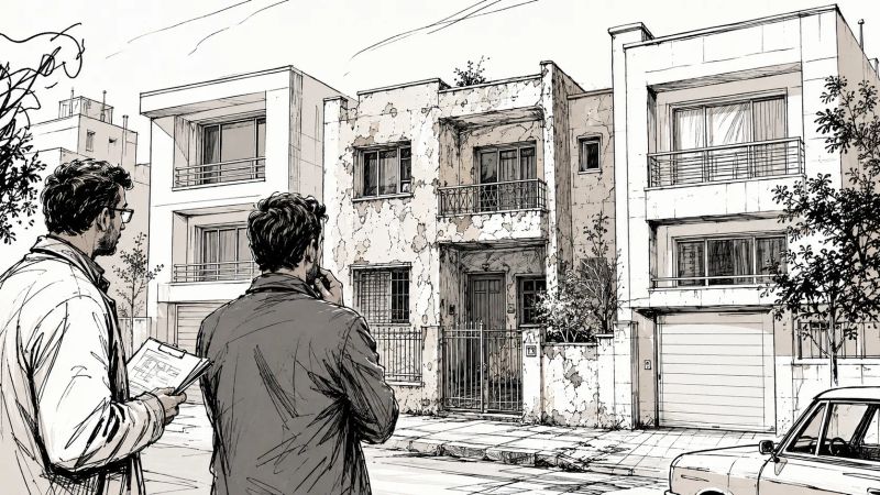 خریدار و کارشناس در حال مقایسه وضعیت یک ملک فرسوده با ساختمان‌های مشابه اطراف