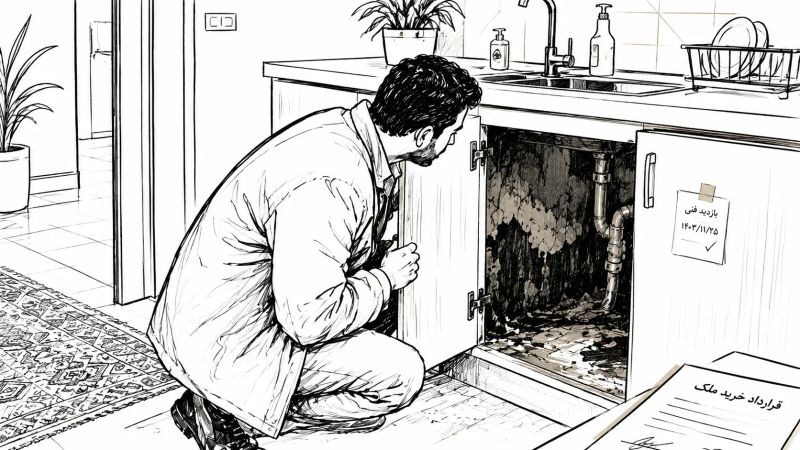 خریدار در حال بررسی رطوبت و آسیب پنهان زیر کابینت ظرفشویی ملک